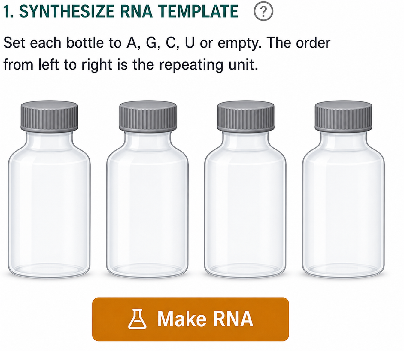 Four empty nucleotide reagent bottles and the RNA synthesis button.